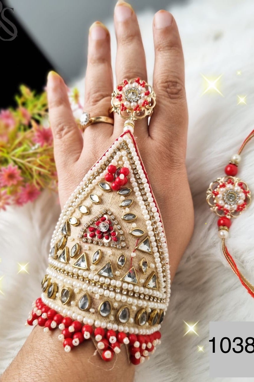 Bhai Bhabhi Rakhi Pair with Hathful Bracelet, AD and Red Pearls with Attached Finger Ring