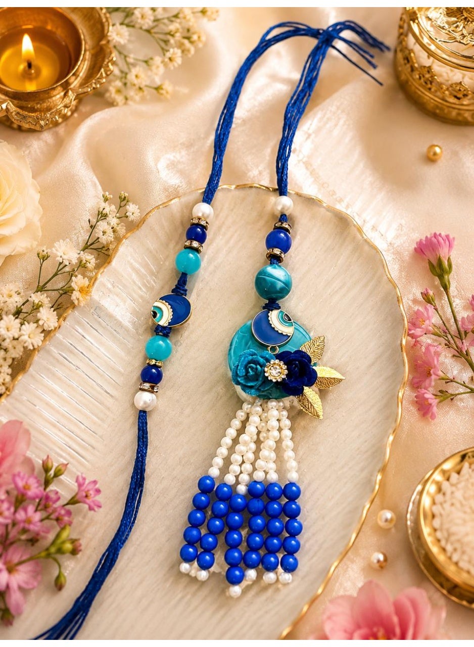 Blue Beaded Floral Rakhi for Brother with Pearl and Evil Eye Charm