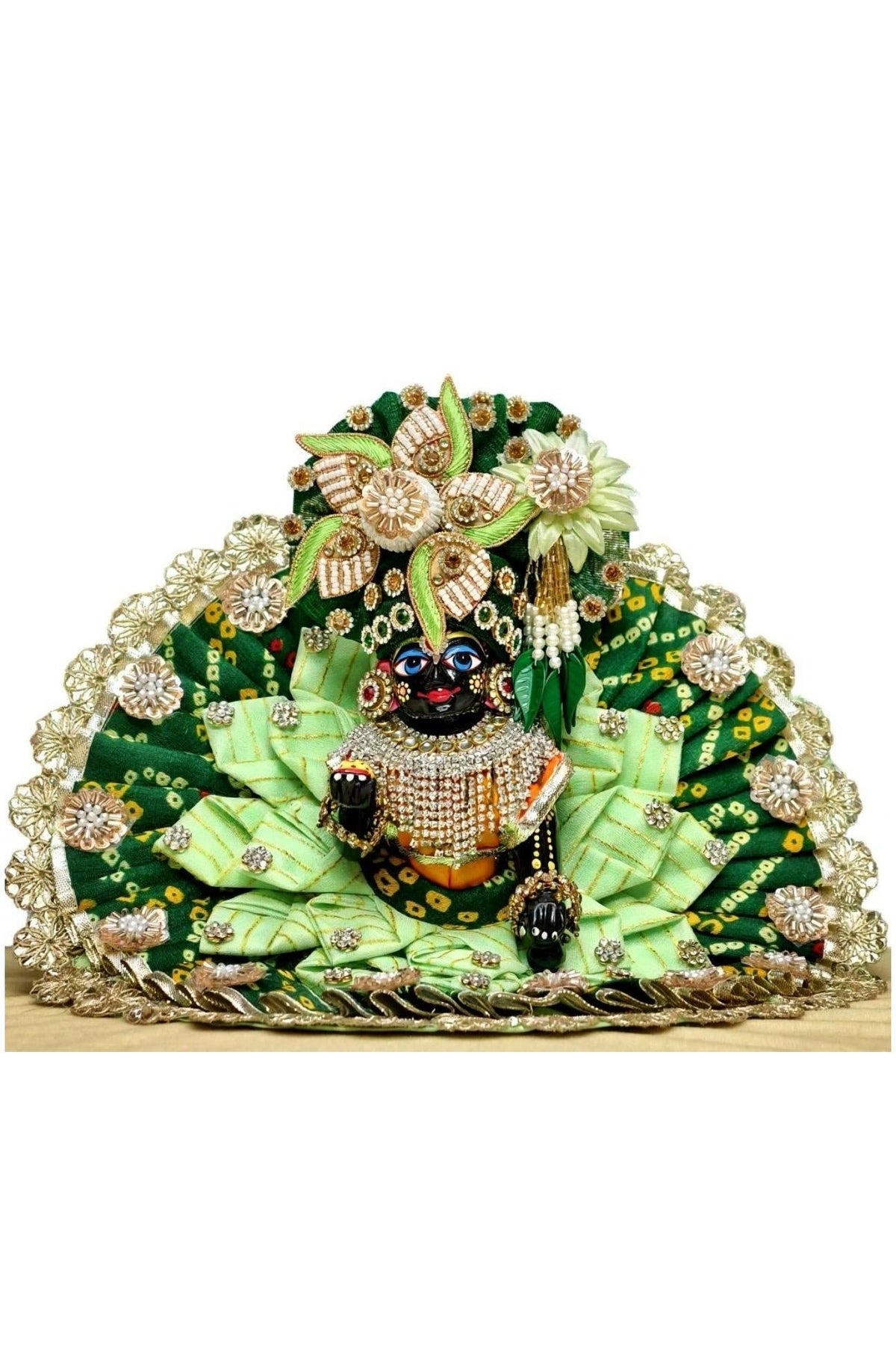 Green and Mint Shrinathji Poshak with Peacock-Style Pagdi, 8 Inches