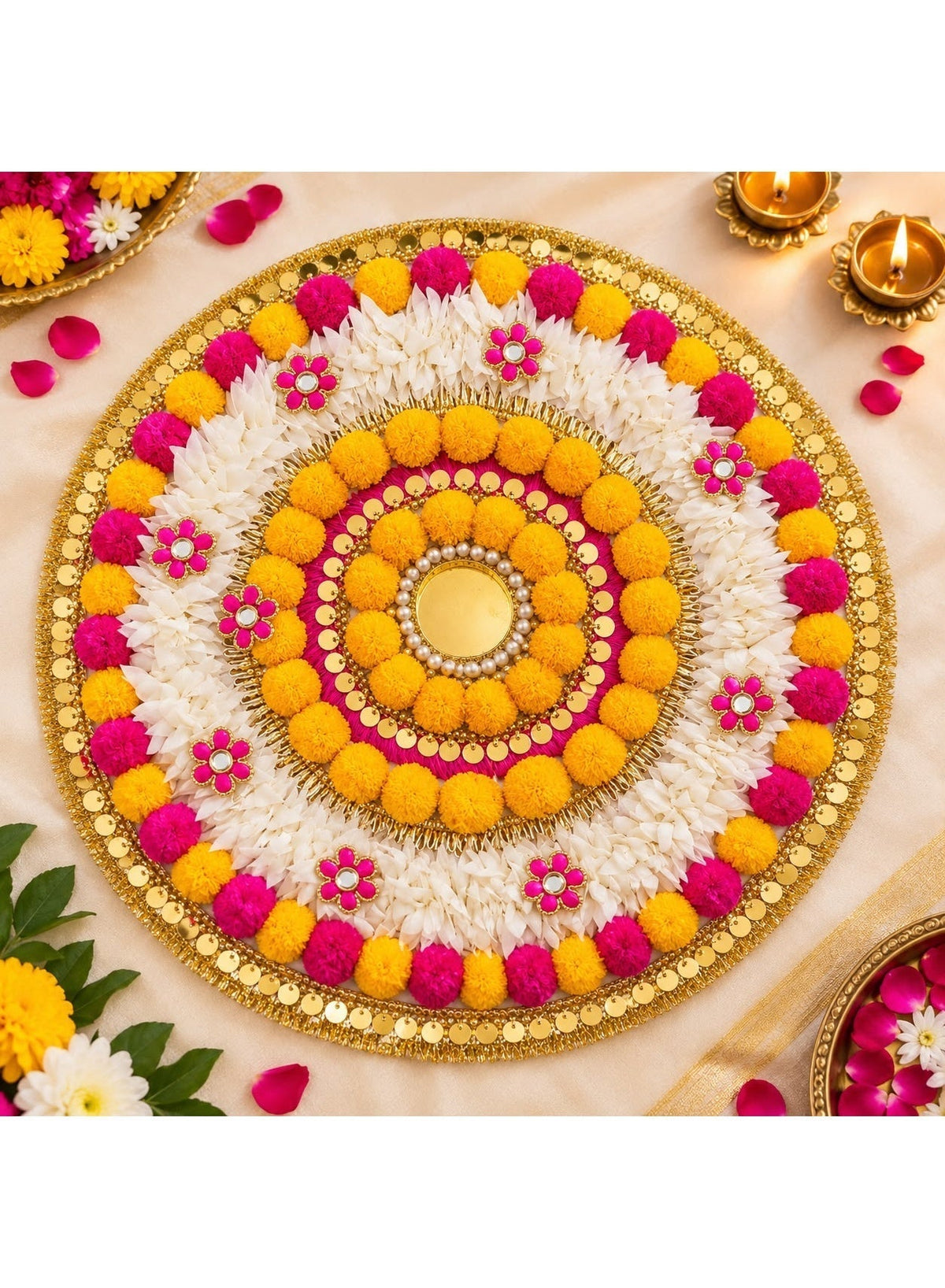 Pom-Pom Gajra Rangoli Mat, 14 Inches, Diwali Decor