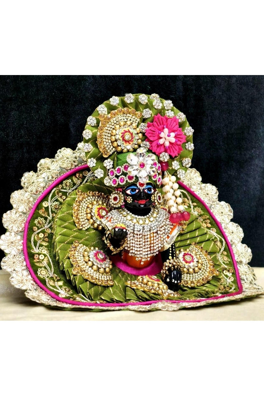Laddu Gopal Poshak with Crystal Embellishments, Green and Pink, 8 Inches