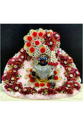 Laddu Gopal Poshak with Pagdi, Pink and Red Floral with Pearl and Crystal Embellishments, 6 Inches
