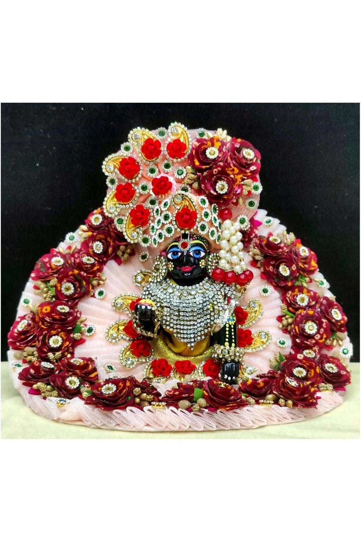 Laddu Gopal Poshak with Pagdi, Pink and Red Floral with Pearl and Crystal Embellishments, 6 Inches