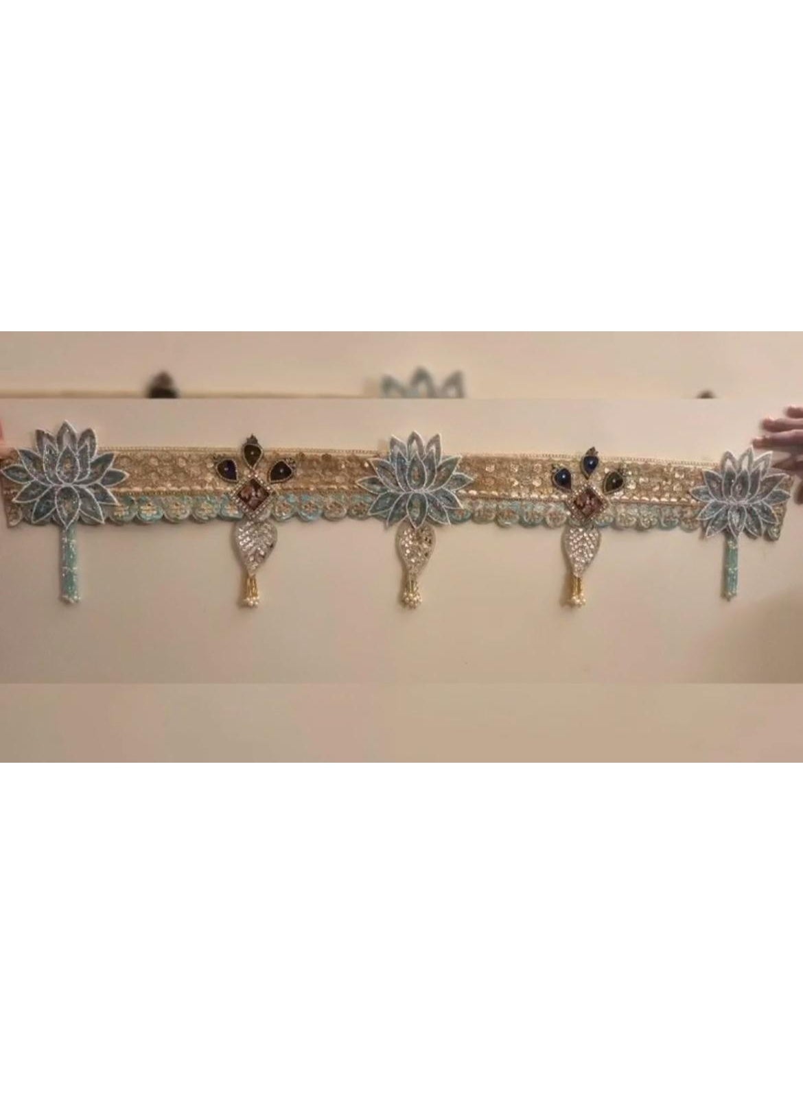 Golden and Blue Lotus Toran with Bead Tassels, 60 Inches, Diwali Decor