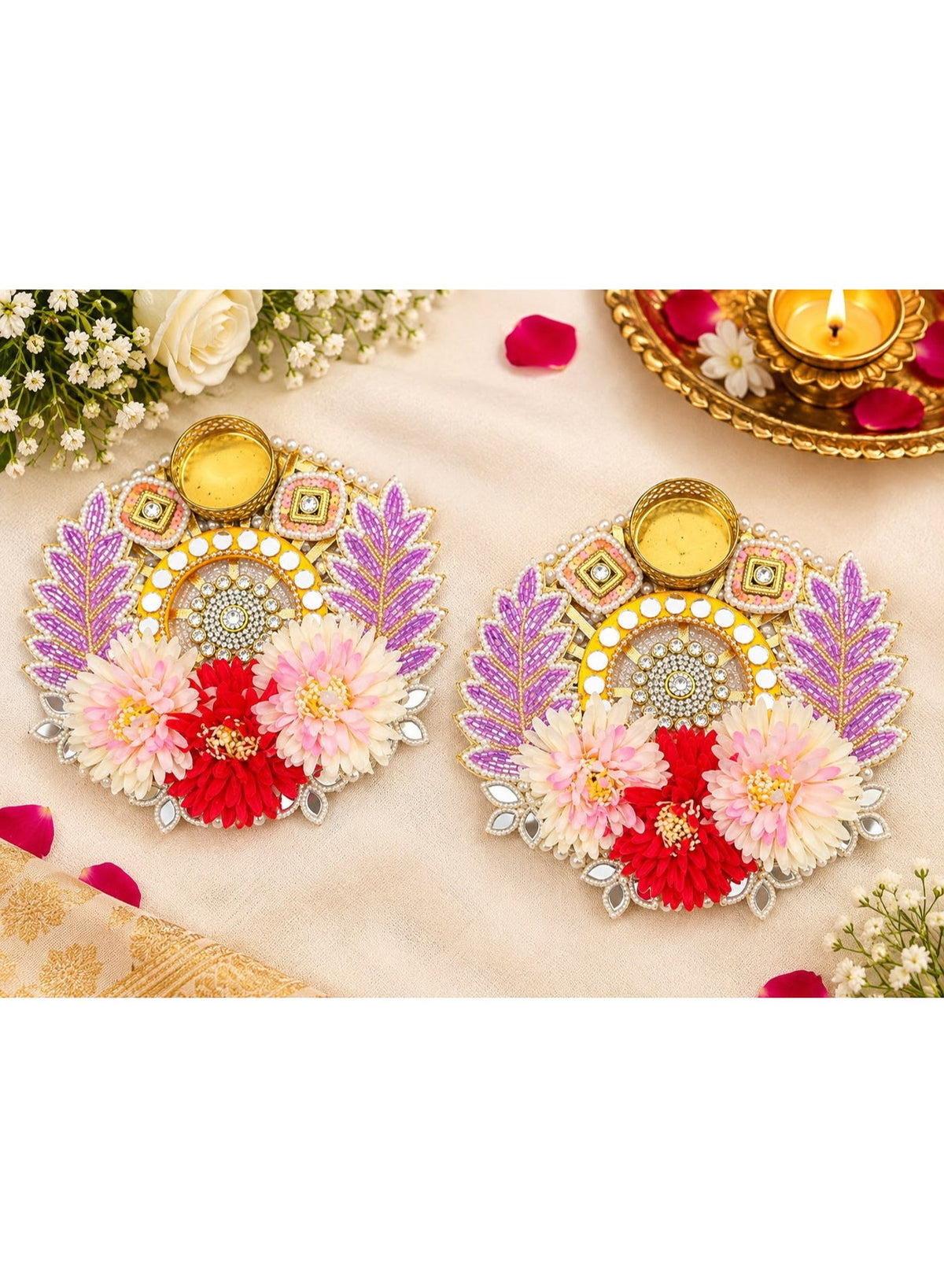Handcrafted Floral Rangoli Set with Pair of Tealight Holders, Diwali Decor