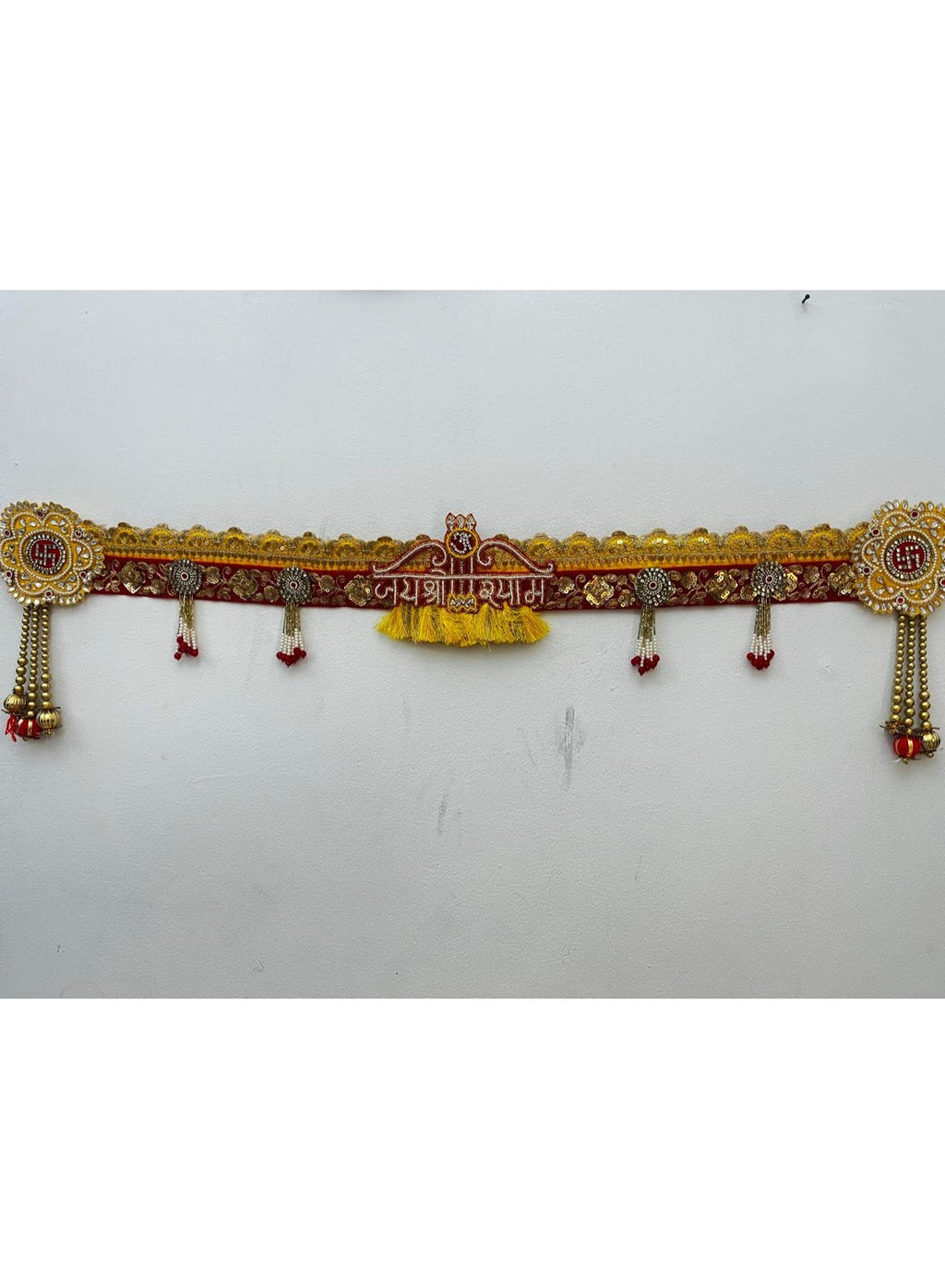 Red and Gold Embroidered Door Toran with Beads and Tassels, Diwali Decor