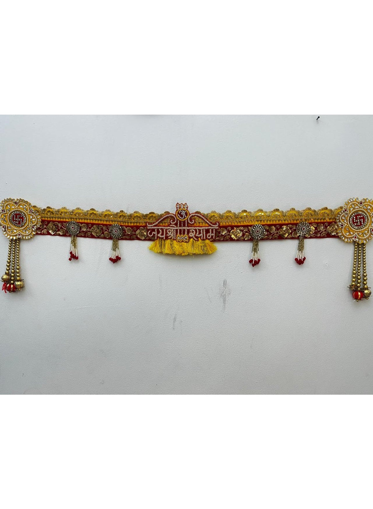 Red and Gold Embroidered Door Toran with Beads and Tassels, Diwali Decor