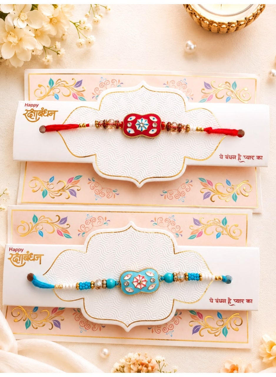Designer Rakhi, Red and Turquoise Beaded, Colour May Vary