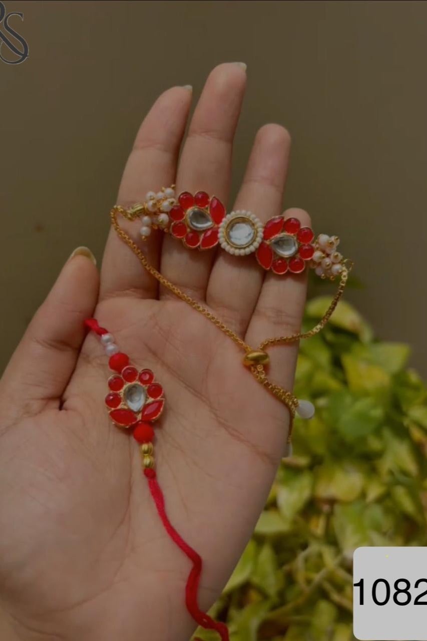 Red Kundan Bhai Rakhi with Bhabhi Bracelet, Rakhi Pair, Size 36