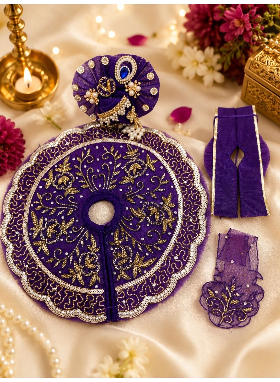 Purple and Gold Embroidered Laddu Gopal Poshak with Peacock Pagdi