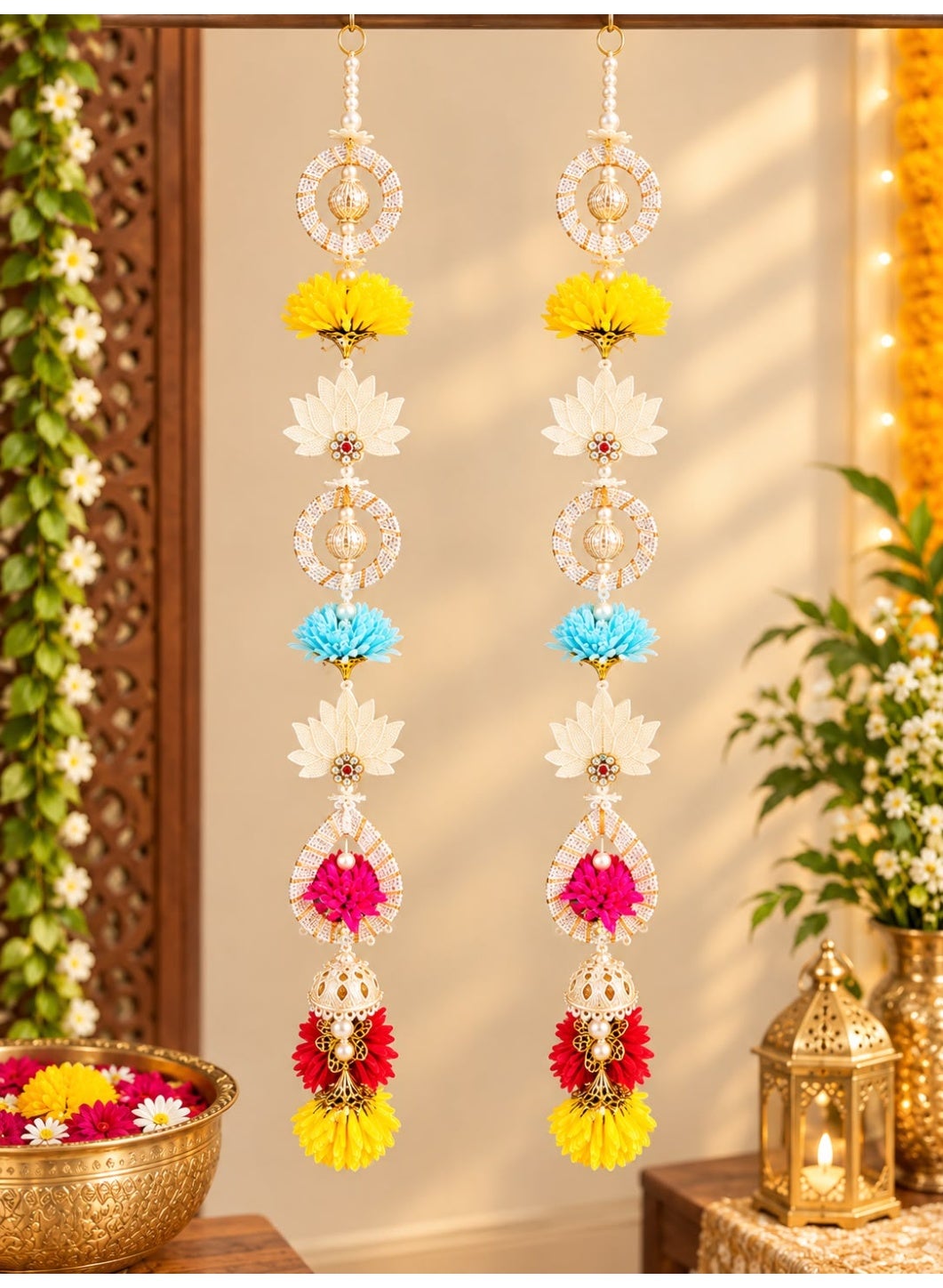 Floral Door Hanging Set with Lotus and Pearl Accents, Diwali Decor