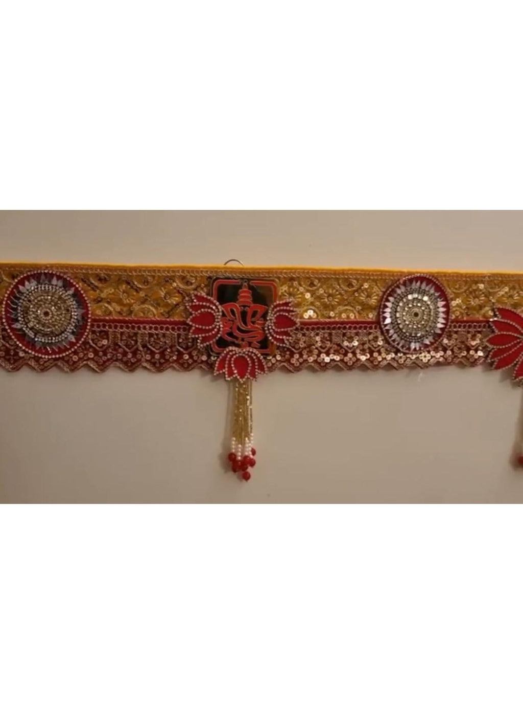 Red and Golden Toran with Lotus Motifs and Hanging Beads, 60 Inches, Diwali Decor