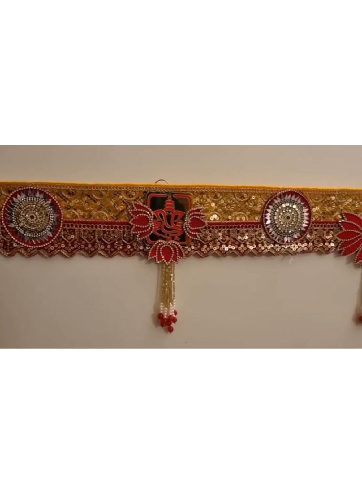 Red and Golden Toran with Lotus Motifs and Hanging Beads, 60 Inches, Diwali Decor