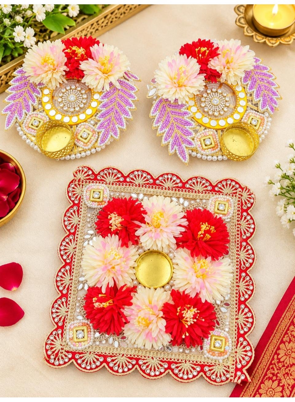 Handcrafted Floral Rangoli Set with Pair of Tealight Holders, Diwali Decor