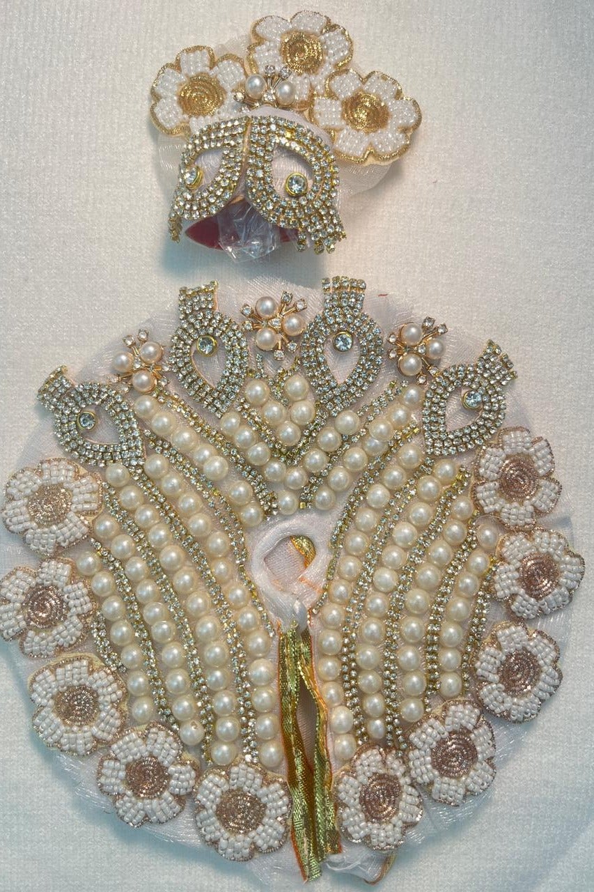 Laddu Gopal Poshak, White and Golden with Beadwork and Sequins, Size No. 2
