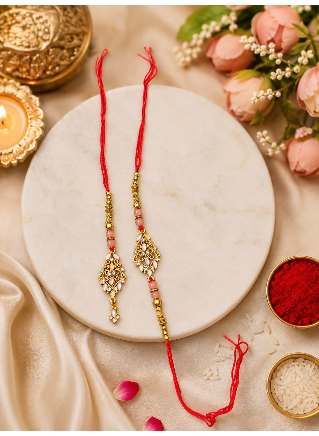 Kundan Stone Bhai Bhabhi Rakhi and Lumba Set, Size 41