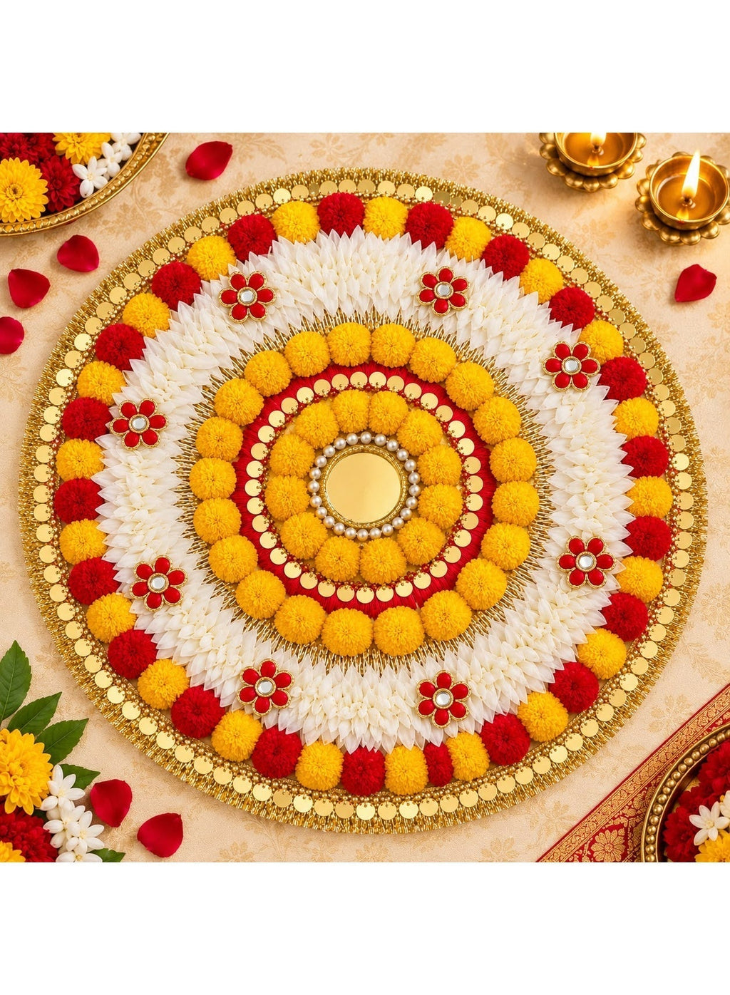Pom-Pom Gajra Rangoli Mat, 14 Inches, Diwali Decor