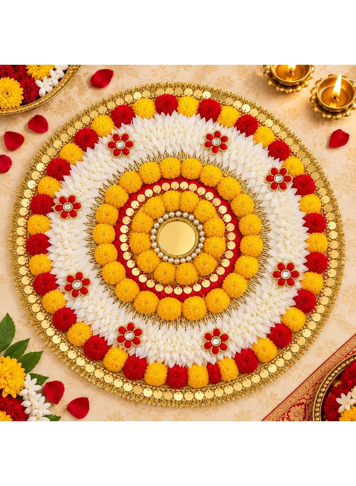 Pom-Pom Gajra Rangoli Mat, 14 Inches, Diwali Decor