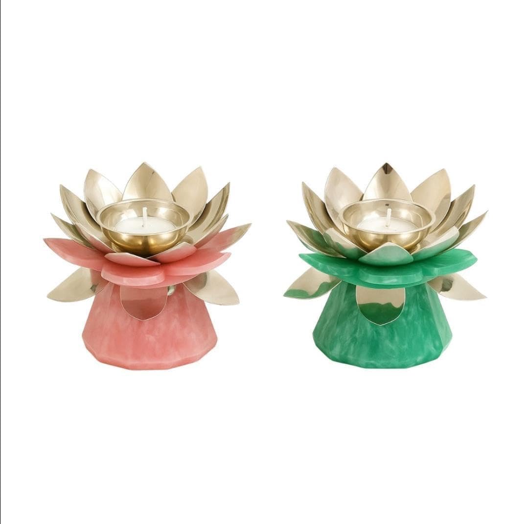 German Silver Resin Lotus Tea Light Holder with Velvet Gift Box