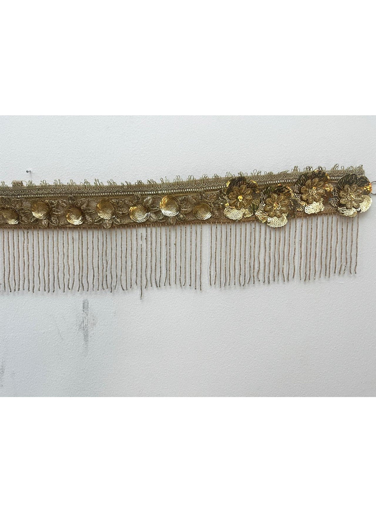 Golden Embroidered Floral Door Toran with Beaded Tassels, Long One-Sided Hanging, Diwali Decor