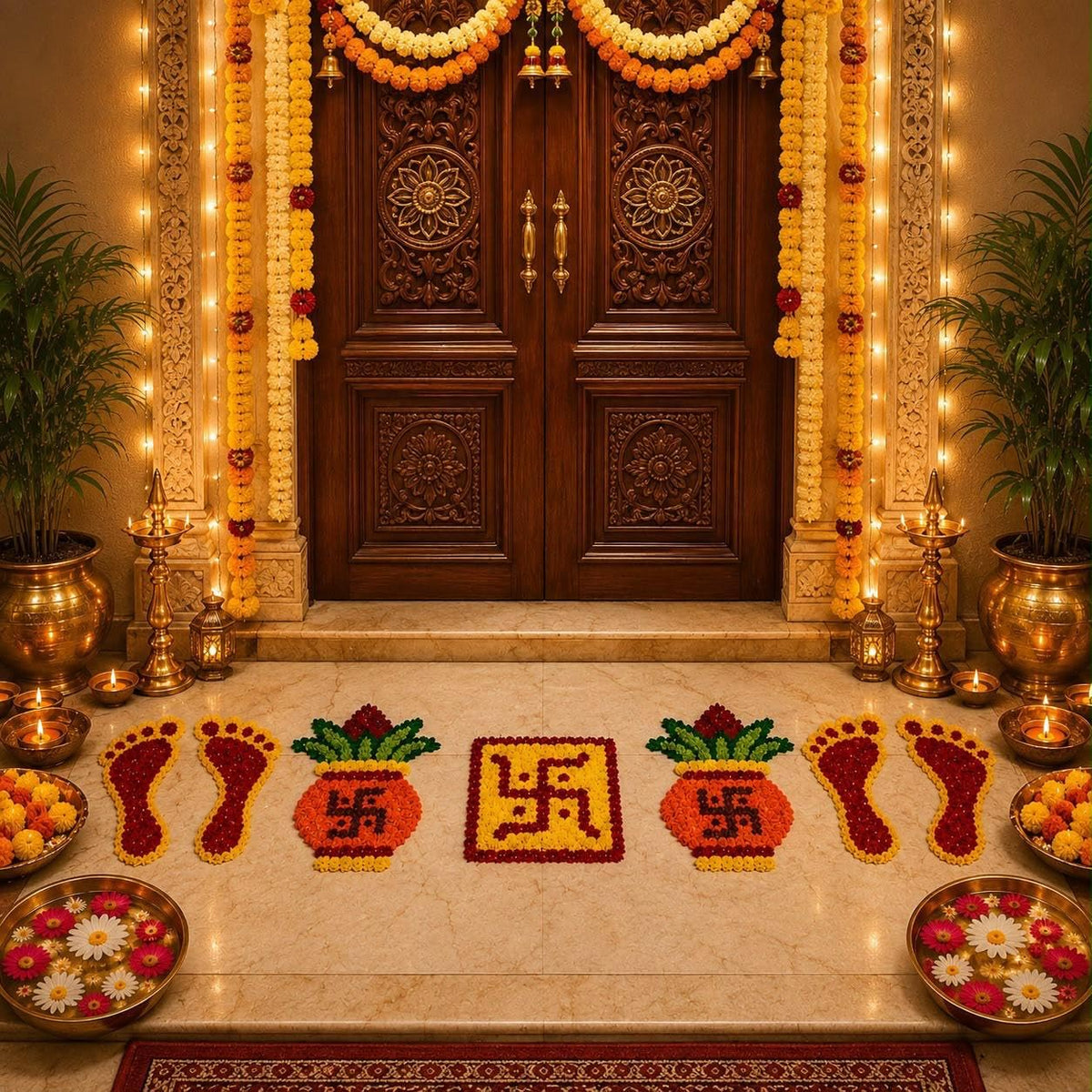 Door Entrance & Mandir Rangoli Combo 7 Pcs Set- (Swastika–Kalash and Laxmi ji charan Combo)
