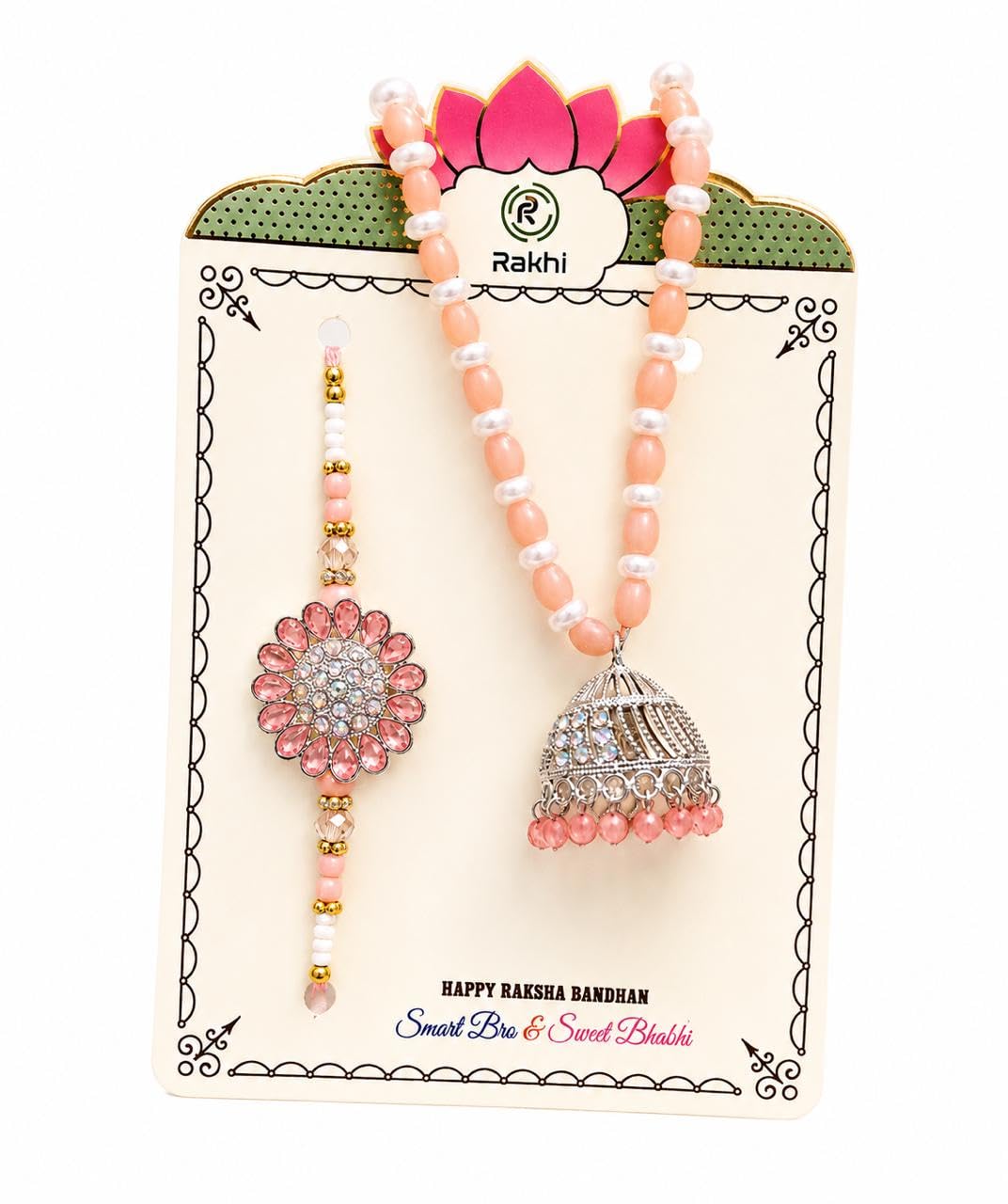 Rakhi Bhai Bhabhi Pair Rakhi with Jhumka Lumba Pastel Pink