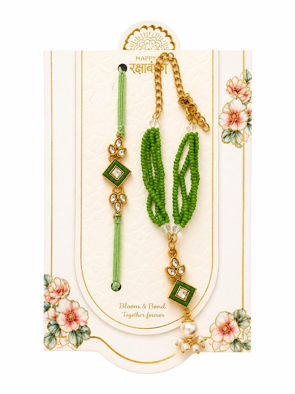 Rakhi Bhai Bhabhi Pair with Lumba Bracelet Green Kundan