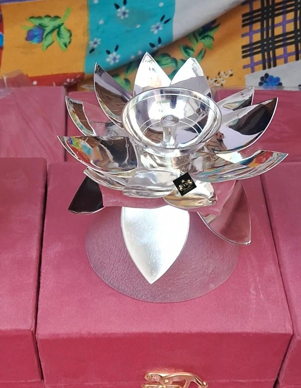 German Silver Resin Lotus Tea Light Holder with Velvet Gift Box