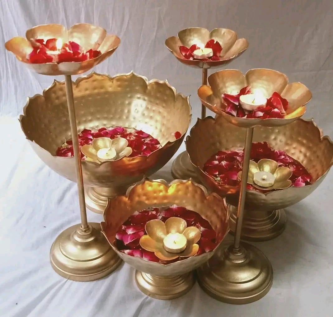 Golden Urli Bowl Diwali Decoration with Candle Holder