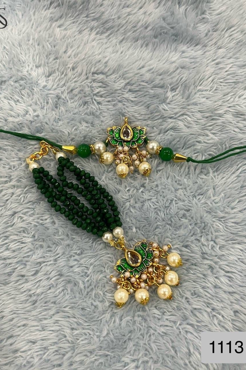 Bhai Bhabhi Pair Rakhi with Green Crystal Pearls and Golden Beads, Size 36