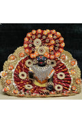 Maroon and Golden Bandhani Laddu Gopal Poshak Set with Pearl Pagdi, 10 Inches
