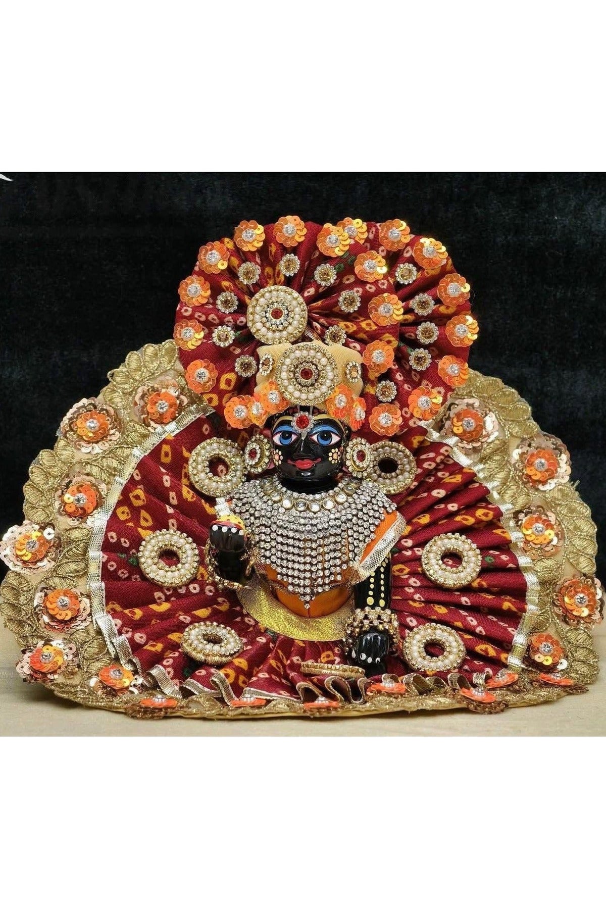 Maroon and Golden Bandhani Laddu Gopal Poshak Set with Pearl Pagdi, 10 Inches