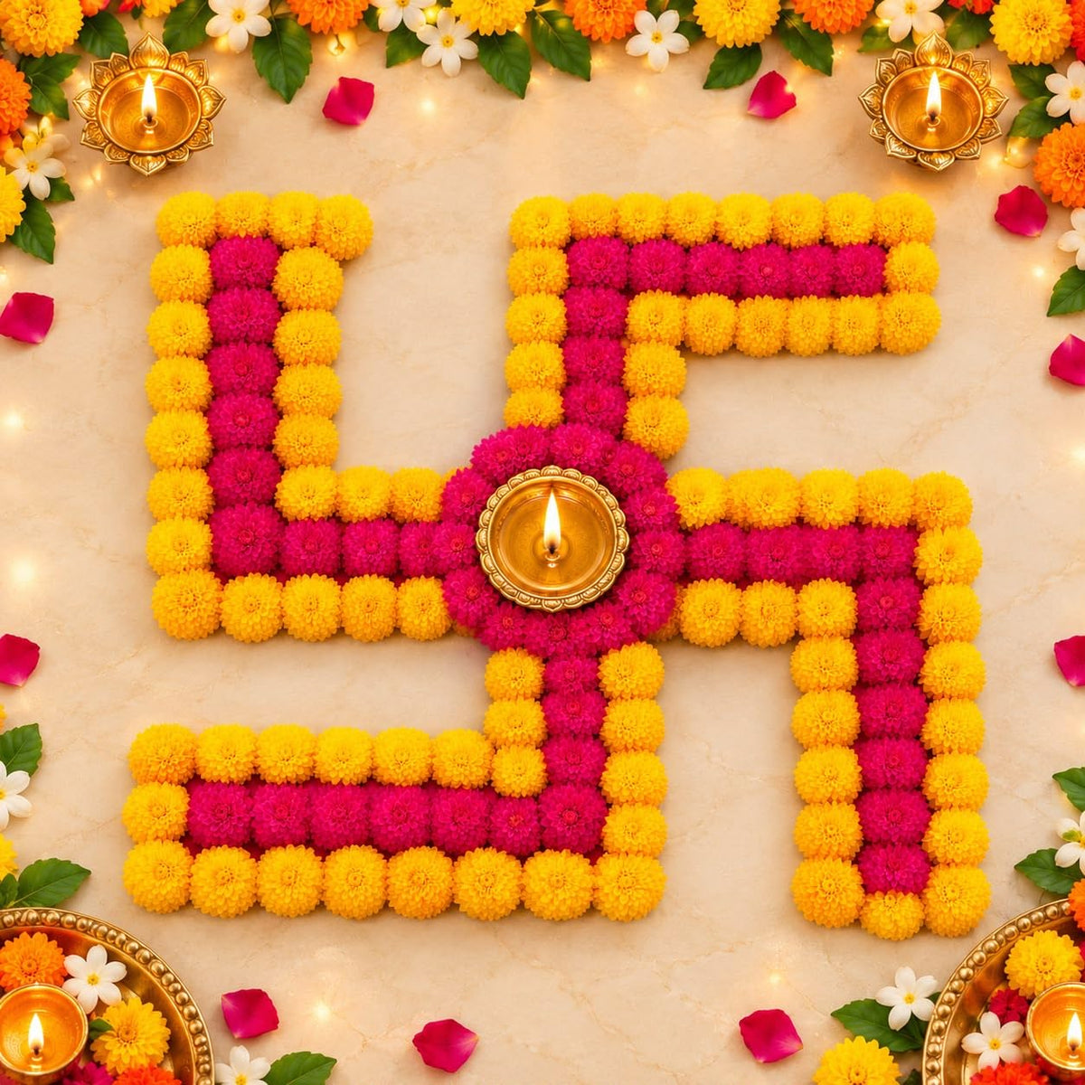 Swastik Rangoli Mat Diwali Decor- Random color (Red/Pink) may come / 10 inches