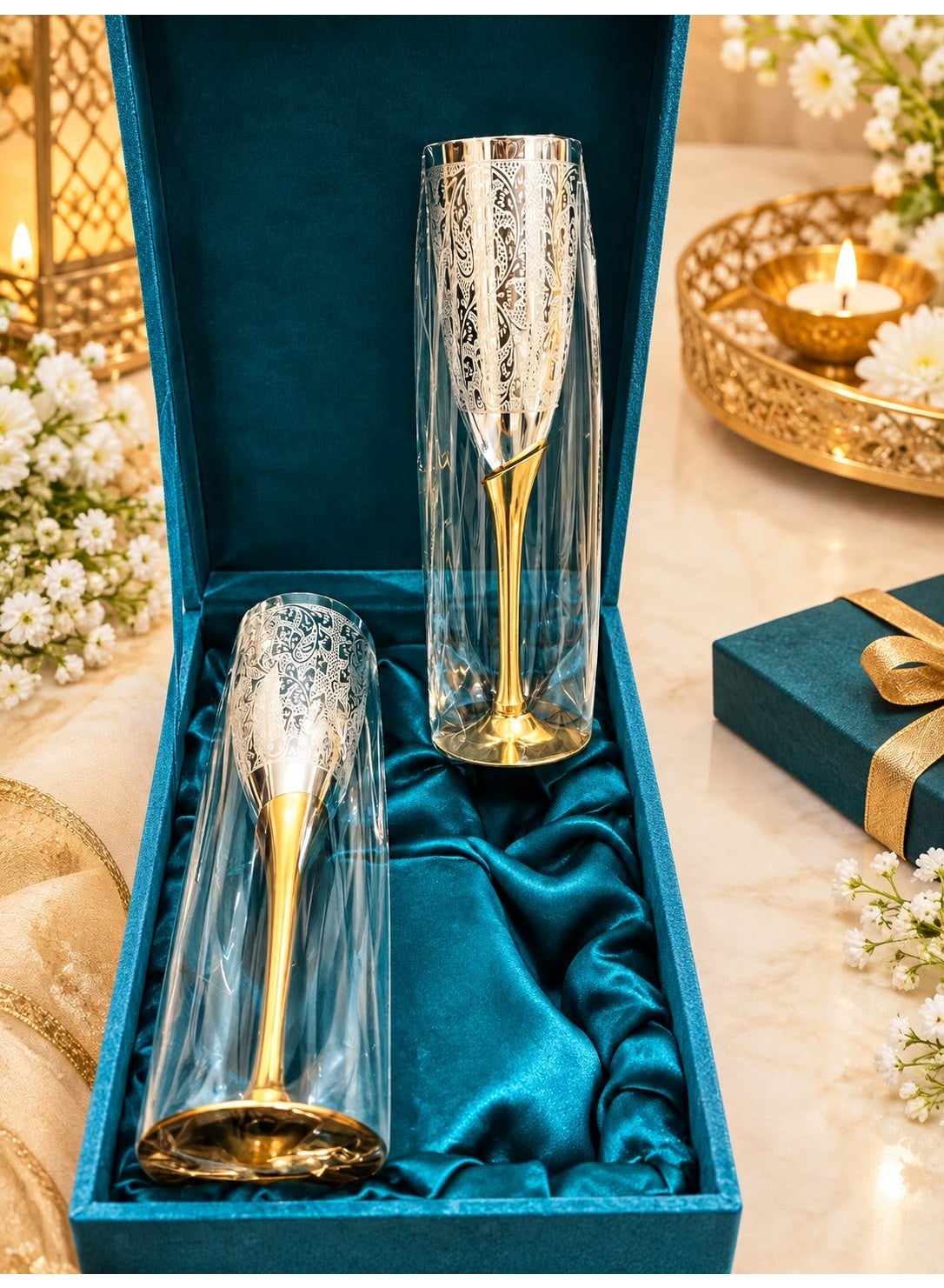 German Silver Coated Wine Glasses, Set of 2, with Velvet Gift Box