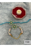 Bhai Rakhi with Teal Flowers and Golden Chain, with Matching Bhabhi White Bead Bracelet