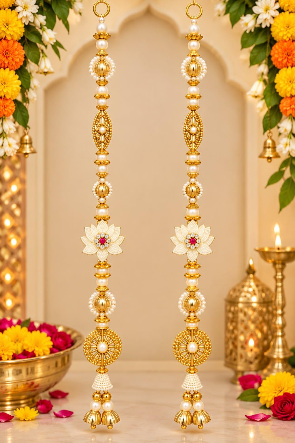 Gold-Tone Pearl Decorative Side Hangings for Diwali & Festive Decor / Length 30 inches each