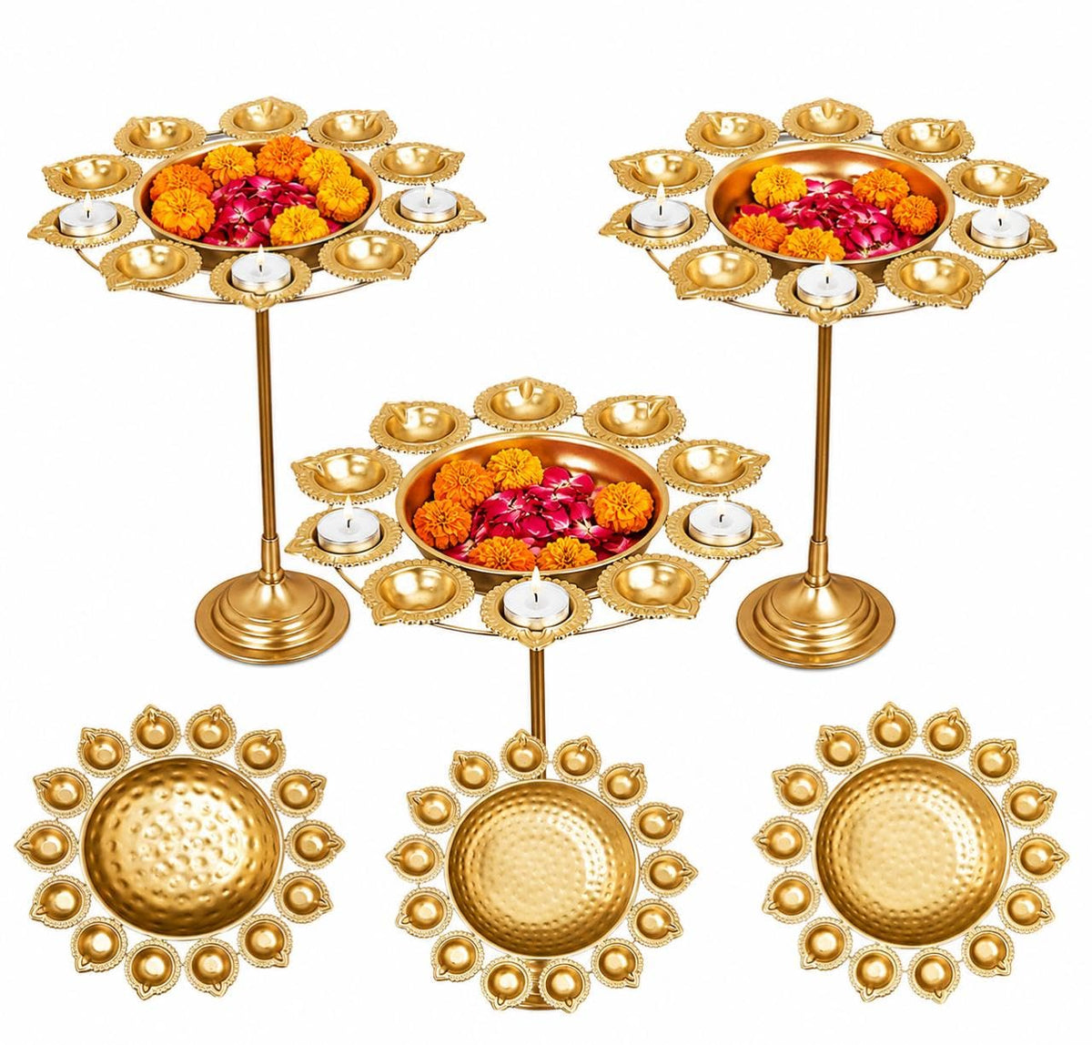 Diwali Deepak Urli Decoration Set Gold for Diwali - Candle Holder with Multiple Diyas - Set of 6 Pieces Floral Design Di