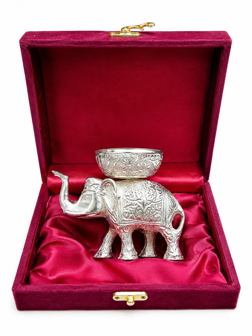 German Silver Coated Elephant Deepak with Velvet Box
