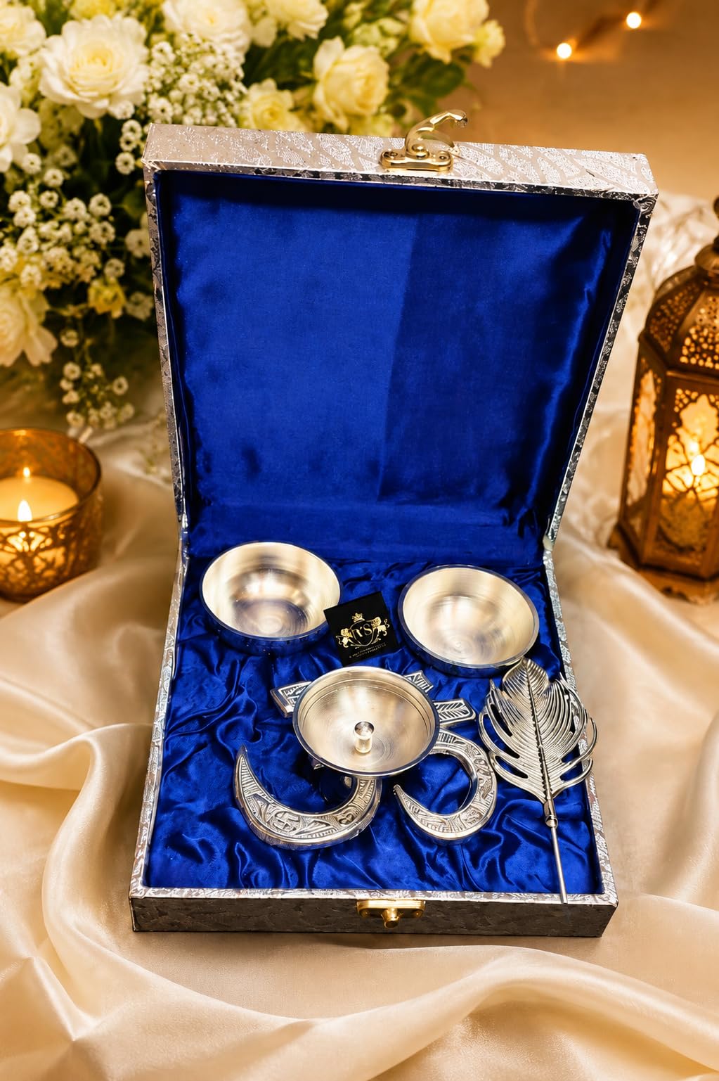 German Silver Coated Deepak Bowl Set with Velvet Box