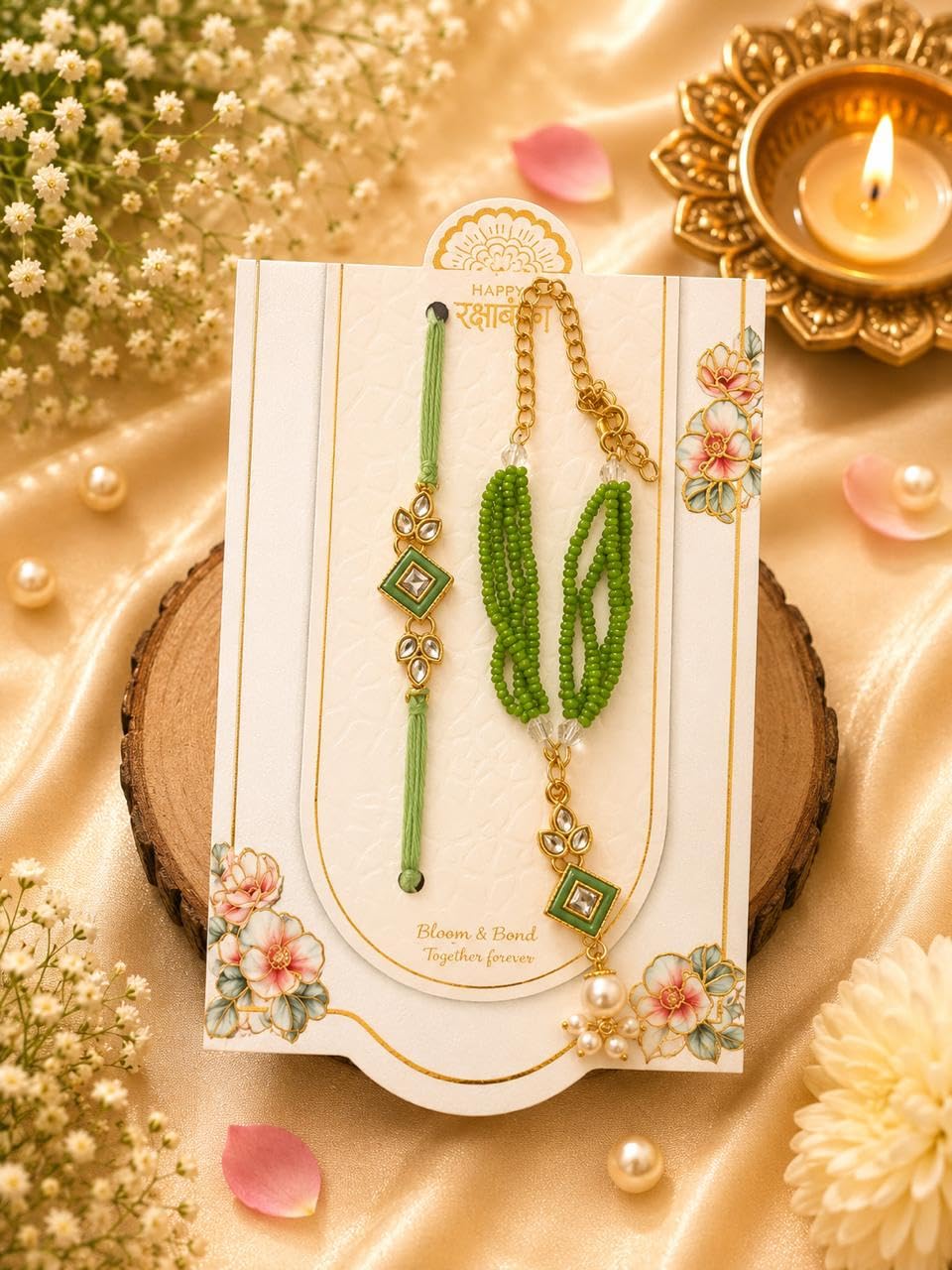 Rakhi Bhai Bhabhi Pair with Lumba Bracelet Green Kundan
