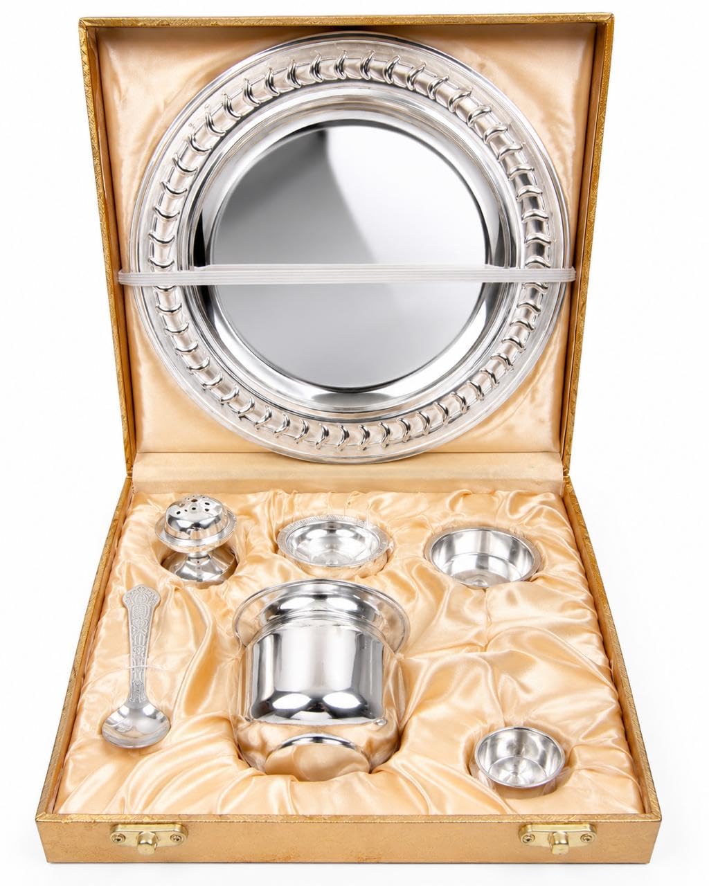 German Silver Coated Pooja Thali Set with Velvet Gift Box