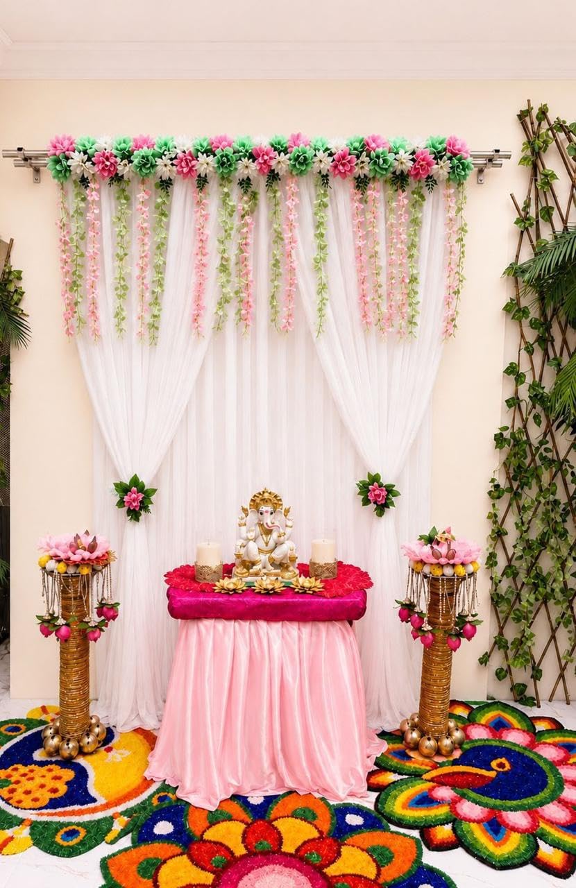 Elegant White Floral Ganpati Decoration Backdrop Set