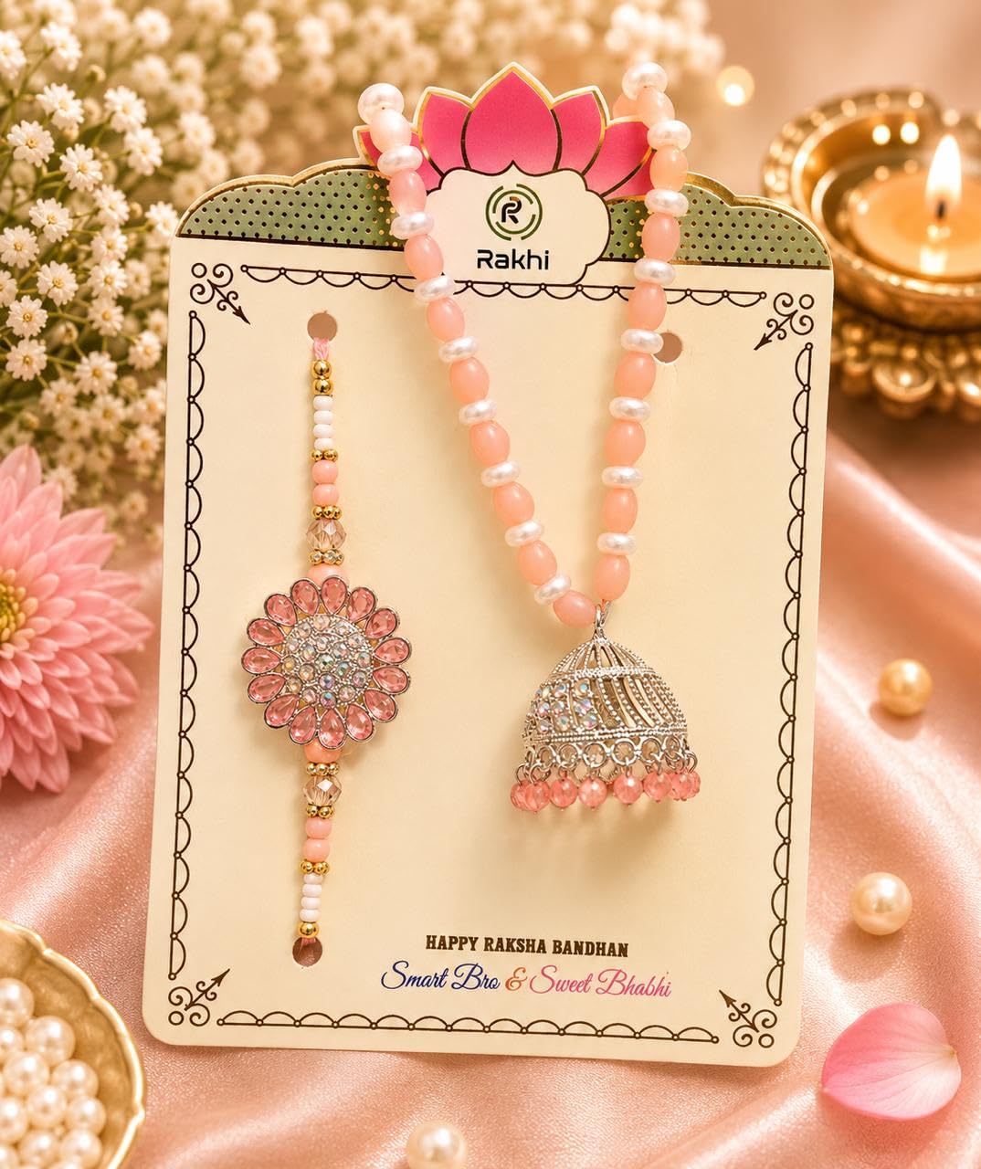 Rakhi Bhai Bhabhi Pair Rakhi with Jhumka Lumba Pastel Pink