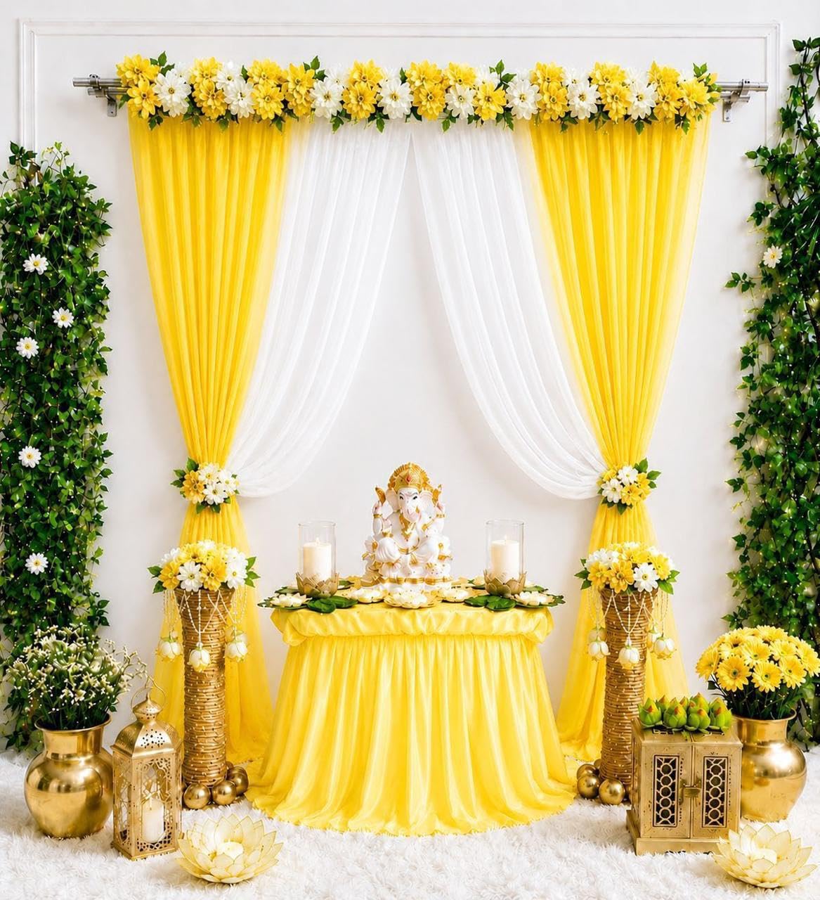 Rajshi Yellow & White Floral Ganpati Decoration Backdrop Set