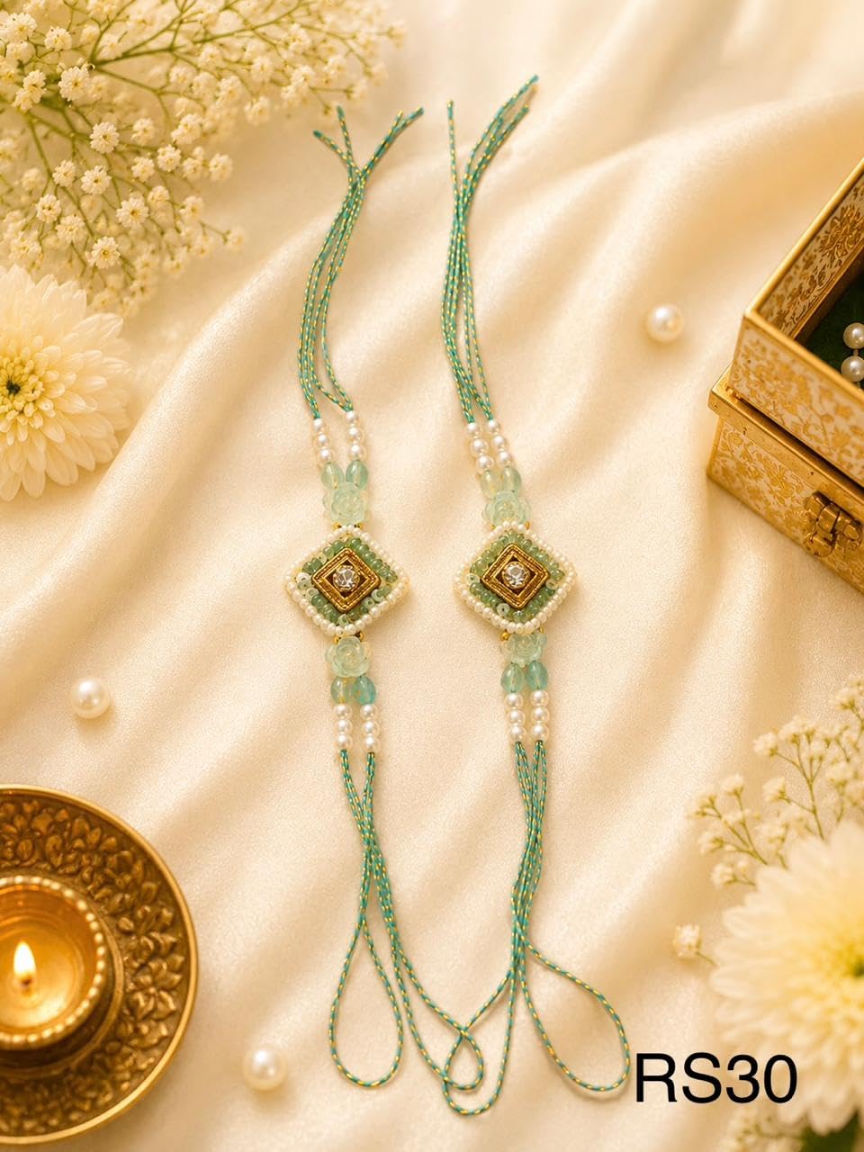 Rakhi for Rakshabandhan, Green Beaded Diamond Motif