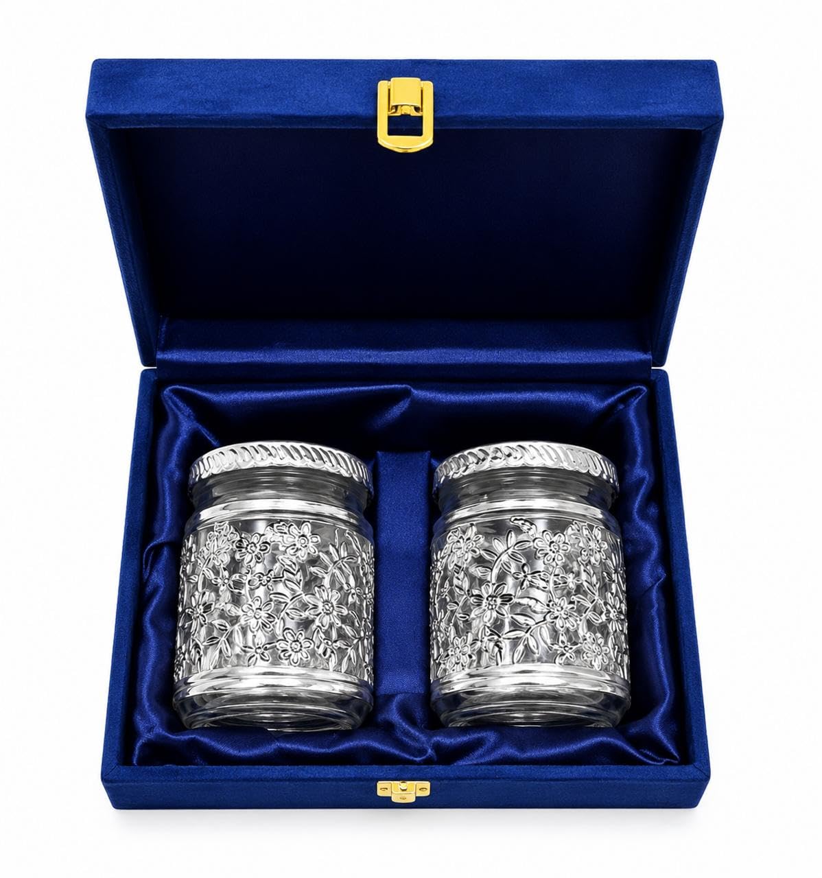 German Silver Coated Glass Dry Fruit Jars with Velvet Box Set of 2
