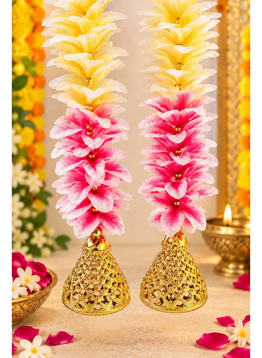 Multicolour Artificial Flower Garland with Golden Bells / 5 Feet Each