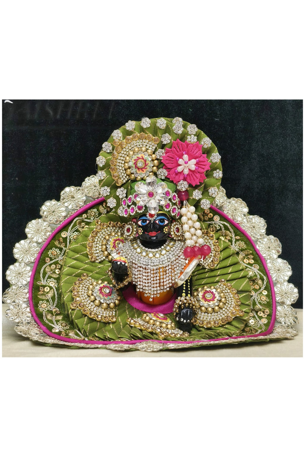 Laddu Gopal Poshak with Crystal Embellishments, Green and Pink, 8 Inches