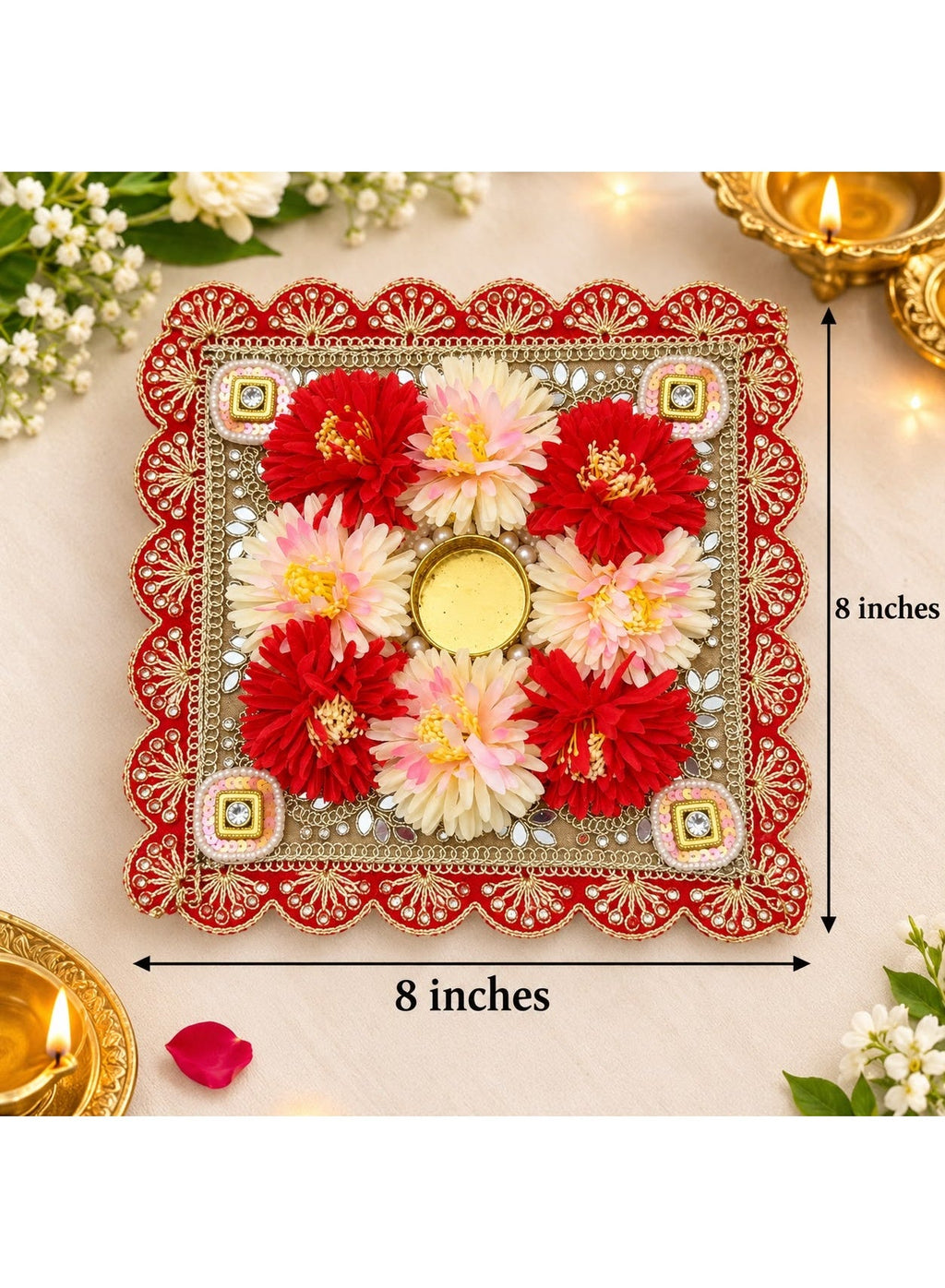 Handcrafted Floral Rangoli Set with Pair of Tealight Holders, Diwali Decor