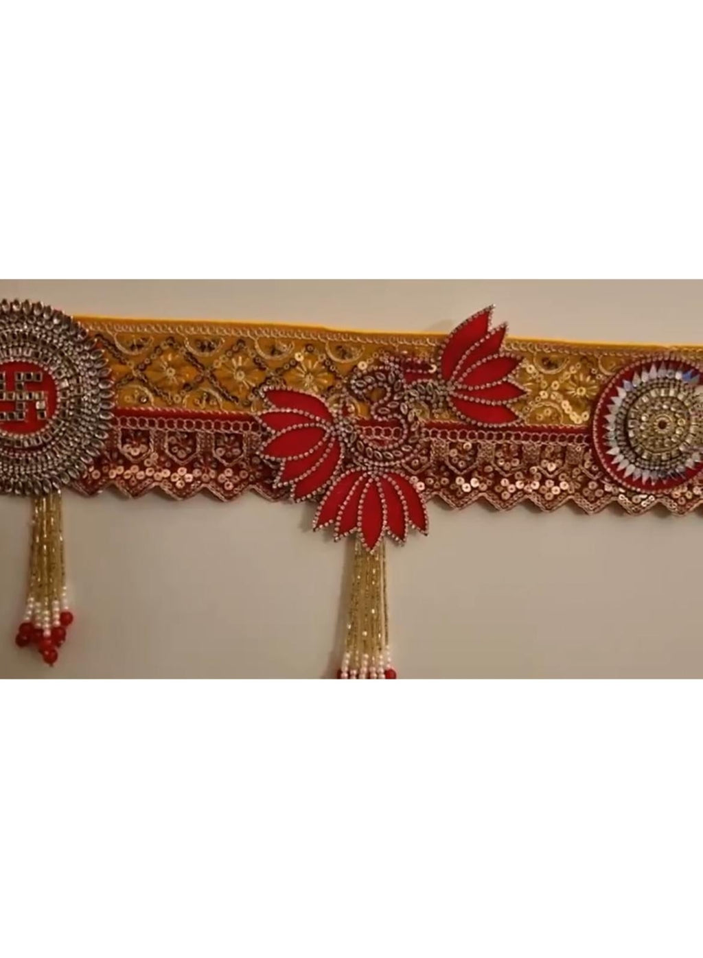 Red and Golden Toran with Lotus Motifs and Hanging Beads, 60 Inches, Diwali Decor